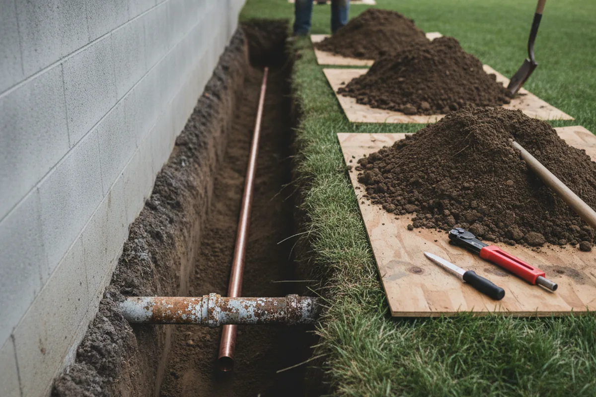 Excavated water line trench during Water Softener Installation in Lunenburg